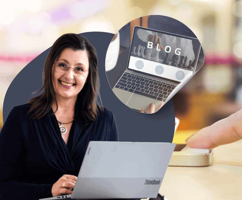Masterclass Blog Anmeldung Elke Petersen-Rusch mit Laptop, Blog-Motiv